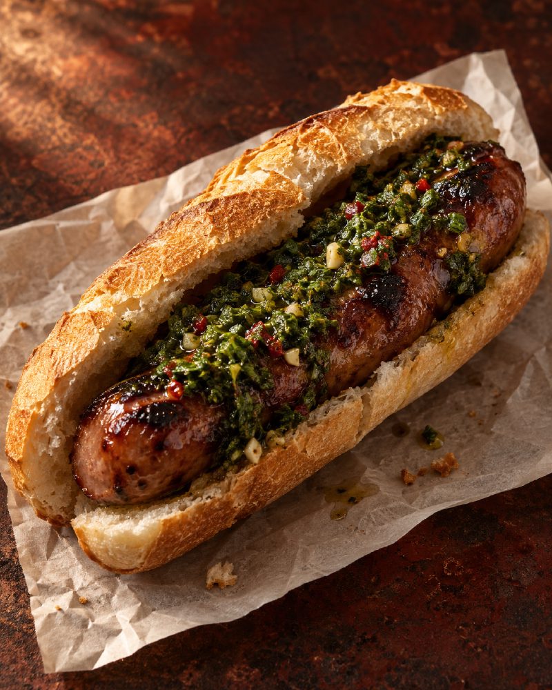 Un choripán con pan tostado y chimichurri sobre papel, imagen editorial conceptual.